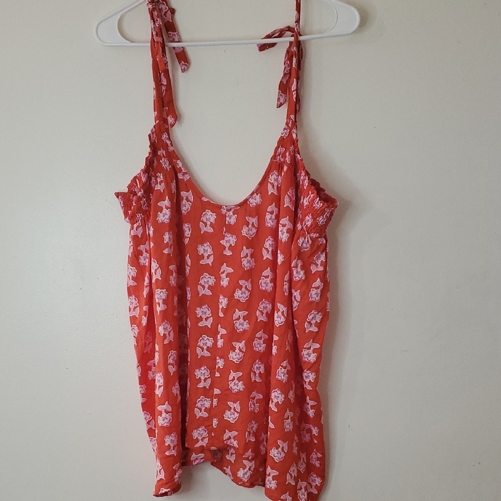 Candace Cameron Bure Red Pink Floral Shoulder Tie Tank Size 1X Feminine
